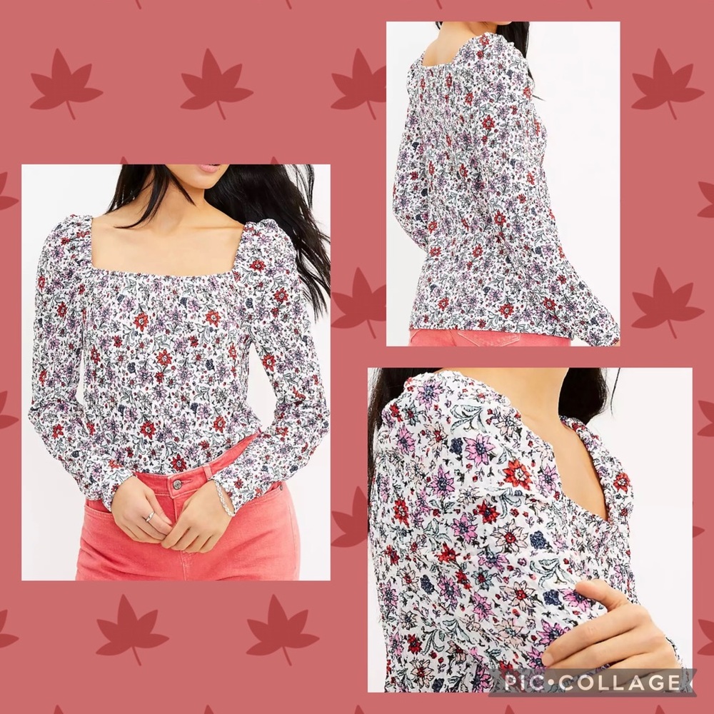 WOMEN LOFT BLOOM SMOCKED SQUARE NECK TOP LARGE